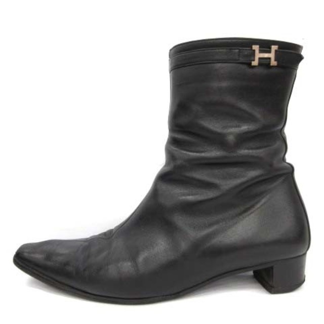 Hermes(エルメス)のエルメス ショートブーツ スクエアトゥ H金具 レザー 37 24cm 黒 レディースの靴/シューズ(ブーツ)の商品写真