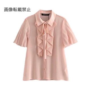 ザラ(ZARA)の💠6月新作🦋4476◆pink ピンク プリーツ フリル  シャツ ブラウス(シャツ/ブラウス(半袖/袖なし))