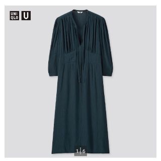 ユニクロ(UNIQLO)のyou様専　ユニクロユー　ビスコースボウタイワンピース七分袖★ネイビー　サイズL(ロングワンピース/マキシワンピース)