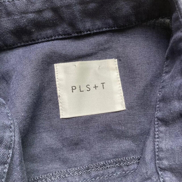 PLST(プラステ)のプラステ　リネンシャツワンピ　ネイビー　麻七部袖　膝丈ワンピ　Mサイズ レディースのトップス(シャツ/ブラウス(長袖/七分))の商品写真