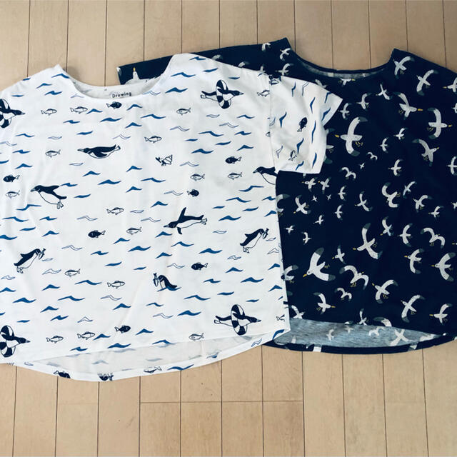 Bleu Bleuet(ブルーブルーエ)の◆ゆったりTシャツ　ペンギン　カモメ　ML 白ネイビー◆ メンズのトップス(Tシャツ/カットソー(半袖/袖なし))の商品写真