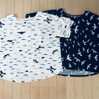 ブルーブルーエ(Bleu Bleuet)の◆ゆったりTシャツ　ペンギン　カモメ　ML 白ネイビー◆(Tシャツ/カットソー(半袖/袖なし))