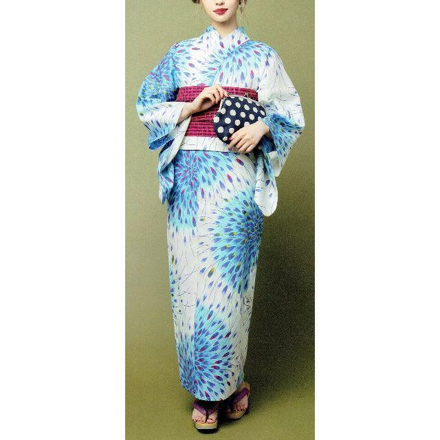 特価商品 中村里砂.ブランド浴衣.綿麻オフ白地.水色孔雀柄