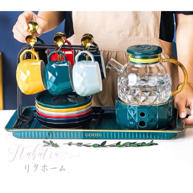 グラス/カップ高級ティーカップ＆ソーサー 6客セット 陶器 トレー付き