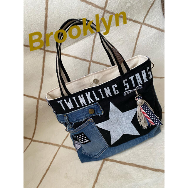 デニムリメイク ★ 英字✖️STAR★Brooklyn風男前トート★タッセル付