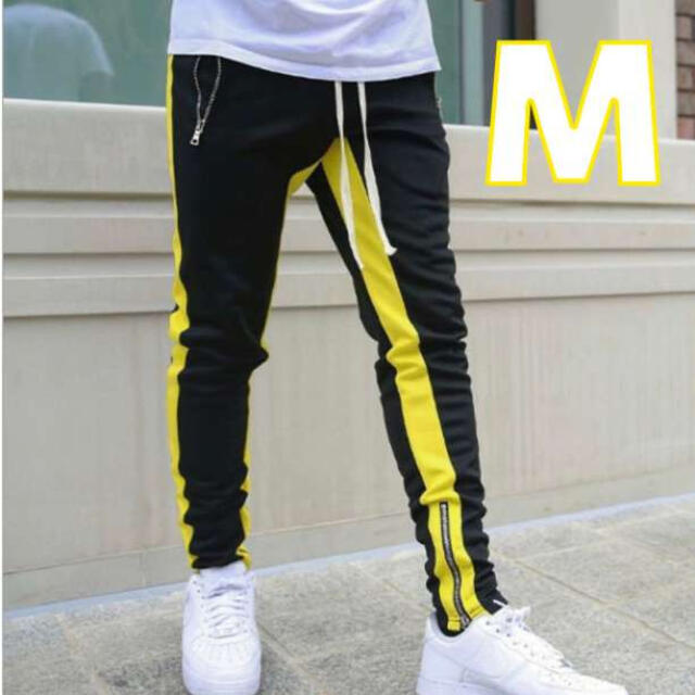 ラインパンツ ジョガーパンツ メンズ スウェット 黒 ブラック 黄 イエロー M メンズのパンツ(その他)の商品写真