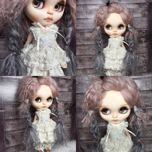 blythe _w-347スモークピンク三つ編ライトグレー✨チベットラム ...