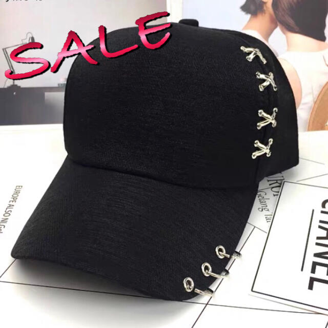 【SALE】ブラック３連リングキャップ リング付き帽子 男女兼用  黒 韓国 レディースの帽子(キャップ)の商品写真