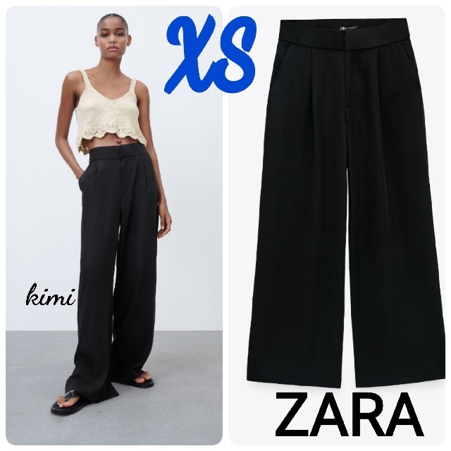 ZARA　(XS　黒)　ハイライズワイドパンツ　フルレングスパンツ | フリマアプリ ラクマ