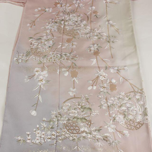 レディースAC6249　未仕立訪問着　総蘇州手刺繍　桜色系桜と花籠