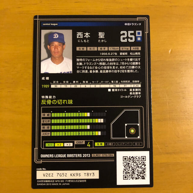 【希少】オーナーズリーグカード　西本聖　野球カード　ゲーム　プレミアム品