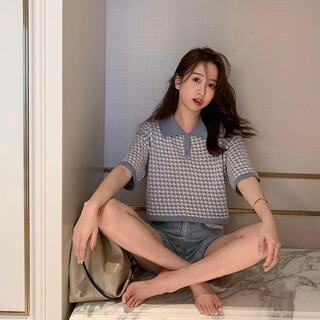 ♡かわいい♡　千鳥柄　ポロシャツ　レディース　水色　半袖　オルチャン　韓国　夏服(ポロシャツ)