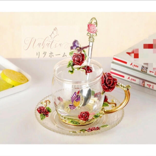 赤バラ花柄ガラス製 ．ティーカップ 4点セットコーヒーカップのサムネイル