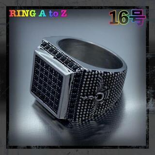 メンズ　台印　シグネットリング　シルバー　チタン　ブラックダイヤデザイン　16号(リング(指輪))