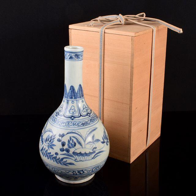 美術品/アンティーク中国　青花　花草文　長頸瓶　時代箱付　M　R3646B