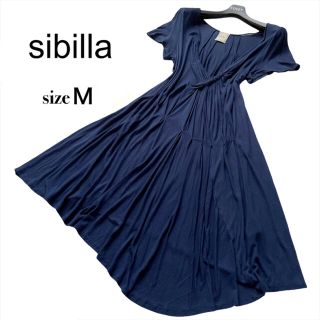 シビラ(Sybilla)の【美品】シビラ sibilla とろみワンピース アシンメトリー ネイビー Ｍ(ひざ丈ワンピース)