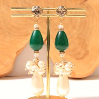 染めアゲート ドロップ つぶつぶパール スワロフスキー ピアス イヤリング(ピアス)