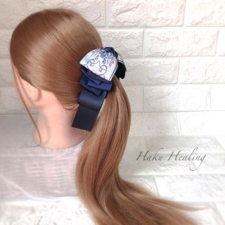 新色♡高級刺繍リボン ネイビーシルバー バナナクリップ(ヘアアクセサリー)