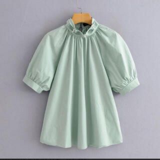 ザラ(ZARA)の未使用　ZARAパール付きパフスリーブブラウス 値下げ(シャツ/ブラウス(半袖/袖なし))