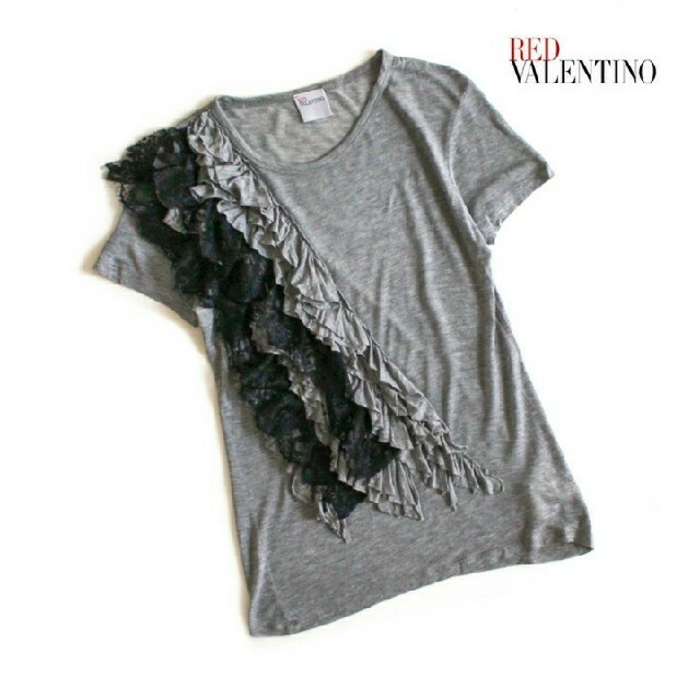 RED VALENTINO(レッドヴァレンティノ)のレッドバレンチノ■ヴァレンチノ フリル レース Tシャツ カットソー グレー レディースのトップス(Tシャツ(半袖/袖なし))の商品写真