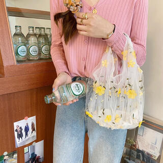 オーガンジーバッグ フラワー エコバッグ 巾着 シースルーバッグ 韓国 刺繍(エコバッグ)