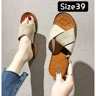 ベージュ　Size39♥サンダル ペタンコ スエード調 クロスストラップ(サンダル)