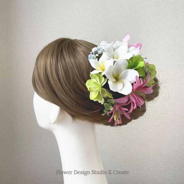 プルメリアとグリン紫陽花のヘッドドレス　リゾートウェディング　髪飾り　成人式　結 1