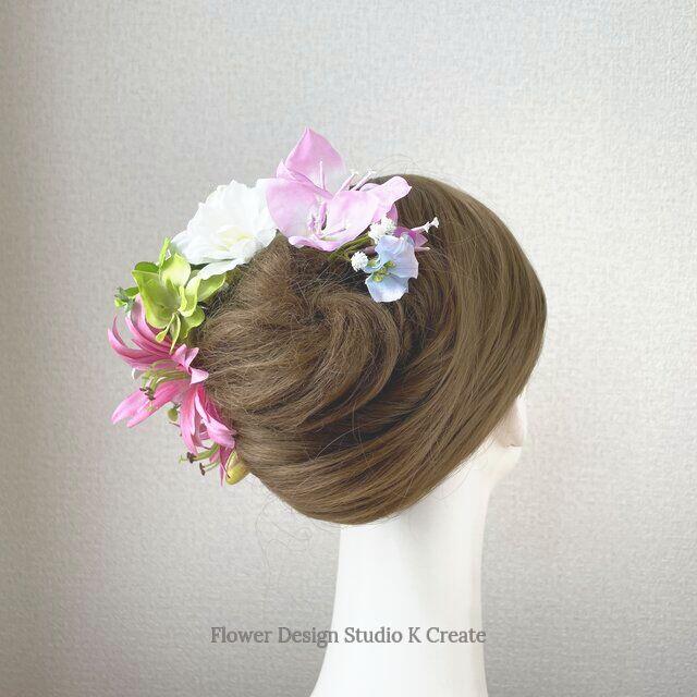 プルメリアとグリン紫陽花のヘッドドレス　リゾートウェディング　髪飾り　成人式　結 4