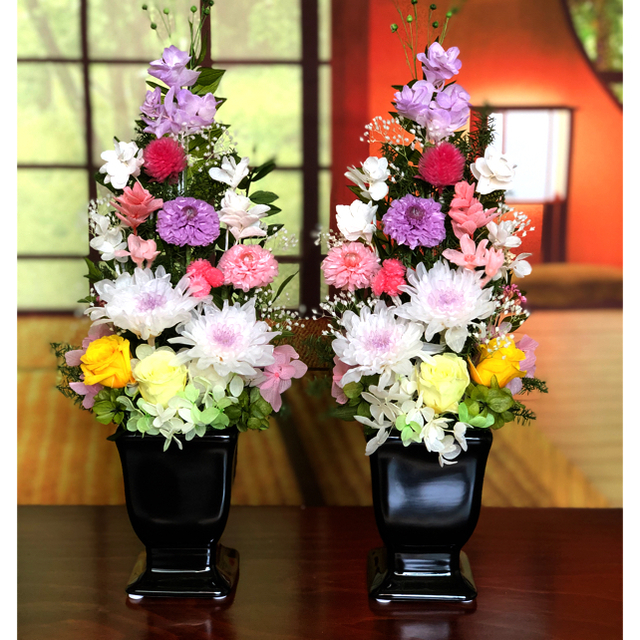 納骨堂仏花【お供え花 】ことね菊ホワイトパープル  H32 花器つきアレンジ　１基