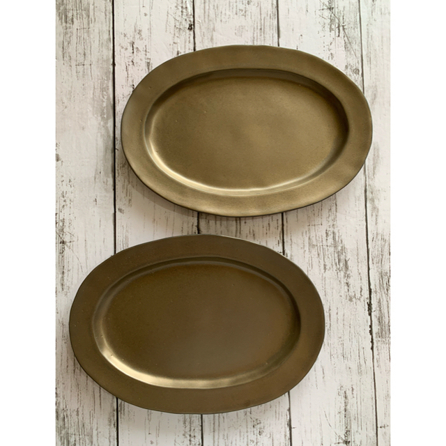 リムオーバル皿 マットゴールド大皿2枚 オシャレ陶器 楕円 メイン皿 デザート皿