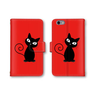レッド 赤 スマホカバー スマホケース 手帳型ケース ネコ 猫 黒猫(スマホケース)
