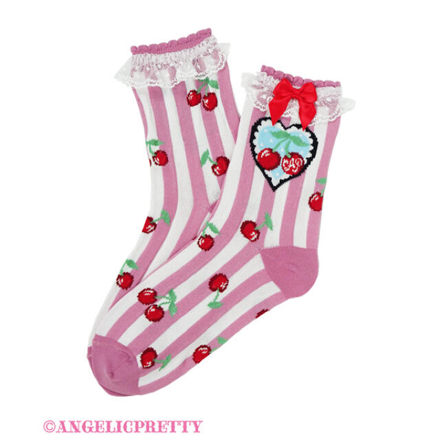 Angelic Pretty(アンジェリックプリティー)のAngelic Pretty♡Cherry Stamp クルー丈ソックス ピンク レディースのレッグウェア(ソックス)の商品写真