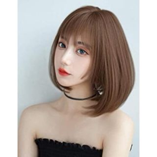 ネット付き　ボブ フルウィッグ 小顔 可愛いかつら 原宿 亜麻色(ショートストレート)