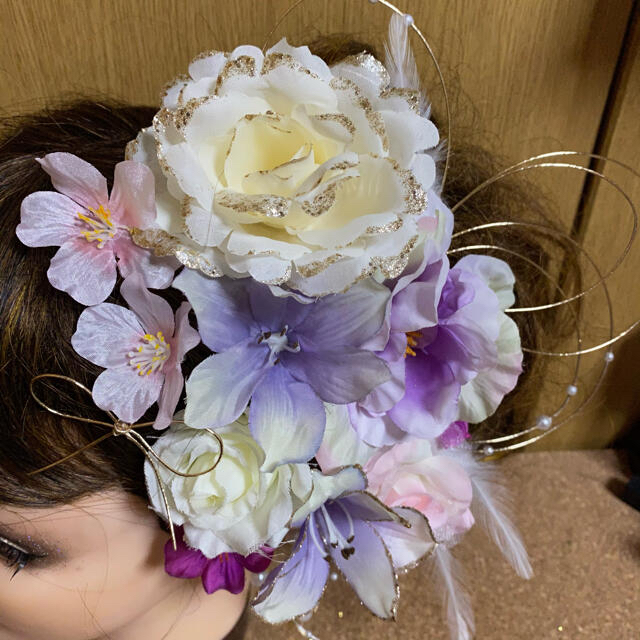 No.476 豪華！　桜と淡いパープル　♡ フラワーピン 振袖髪飾り 結婚式 ハンドメイドのウェディング(ヘッドドレス/ドレス)の商品写真