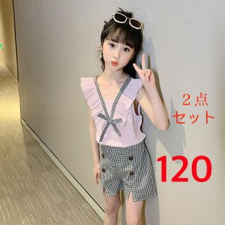キッズ セットアップ 120 ノースリーブ ショートパンツ 韓国 子供服 ピンク(Tシャツ/カットソー)
