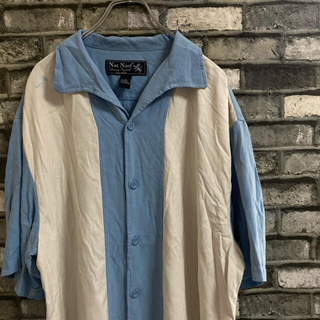 【古着】キューバシャツ　オープンカラー スカイブルー　ホワイト　ステッチ(シャツ)