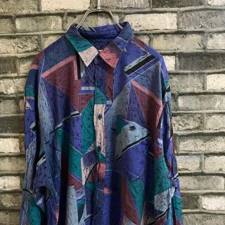 【古着】柄シャツ　レトロ　アート　90‘s XL ブルー　オーバーサイズ(シャツ)