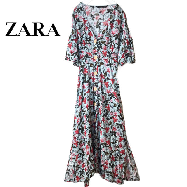 ZARA(ザラ)の【新品未使用】ZARA BASIC ワンピース 花柄 ミズイロ 総柄 木製ボタン レディースのワンピース(ロングワンピース/マキシワンピース)の商品写真