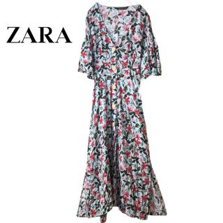 ザラ(ZARA)の【新品未使用】ZARA BASIC ワンピース 花柄 ミズイロ 総柄 木製ボタン(ロングワンピース/マキシワンピース)