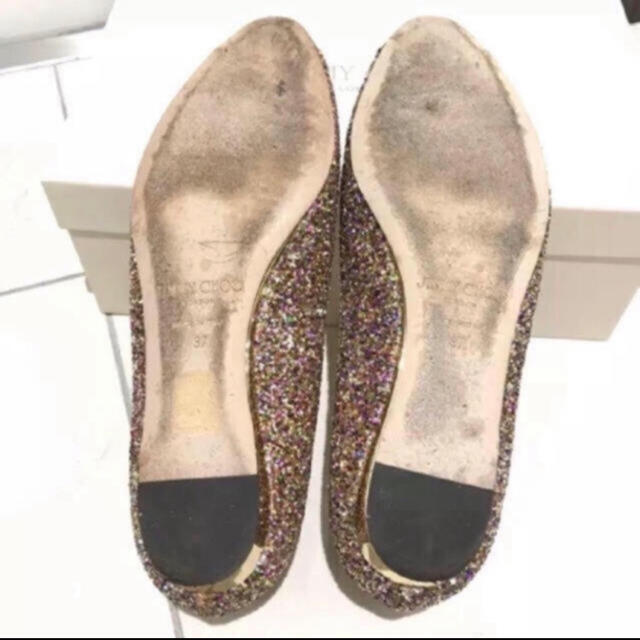 JIMMY CHOO(ジミーチュウ)の箱付き ジミーチュウ 正規品 グリッター オープントゥ フラットパンプス レディースの靴/シューズ(サンダル)の商品写真