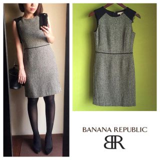 バナナリパブリック(Banana Republic)の着画 ツイード ノースリーブ 結婚式 フォーマル パーティー デート ブラック(ひざ丈ワンピース)