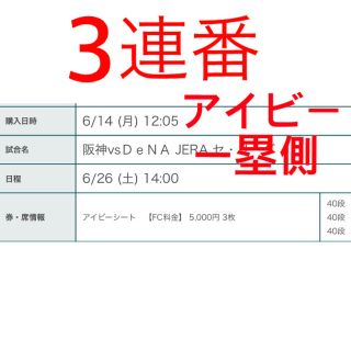 ハンシンタイガース(阪神タイガース)の6月26日（土）阪神vsDeNA 3連番　ブリーズシート(野球)