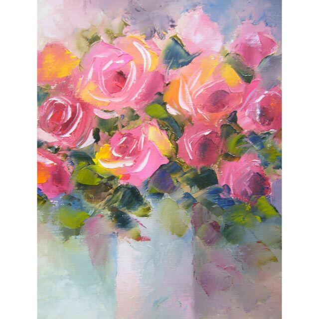 絵画 油絵 青木今陽 静物画 ピンクの薔薇F4号 紫色の花と