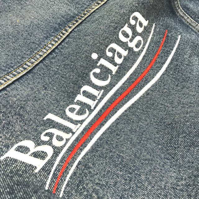 バレンシアガ BALENCIAGA USED加工 キャンペーンロゴ 刺繍 デニムジャケット コットン ブルー