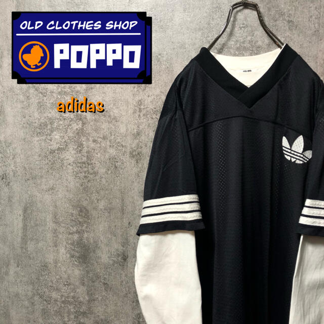 adidas(アディダス)のアディダス☆USA製ビッグロゴ・トレフォイルロゴプリントゲームシャツ 90s メンズのトップス(Tシャツ/カットソー(半袖/袖なし))の商品写真