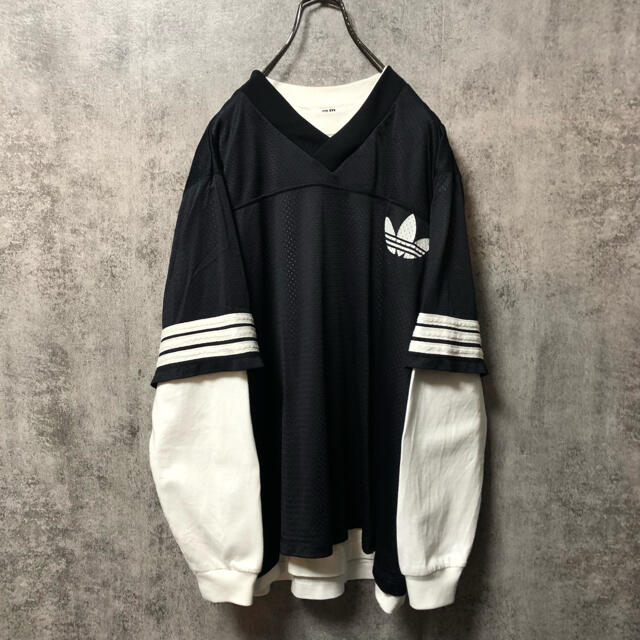 adidas(アディダス)のアディダス☆USA製ビッグロゴ・トレフォイルロゴプリントゲームシャツ 90s メンズのトップス(Tシャツ/カットソー(半袖/袖なし))の商品写真