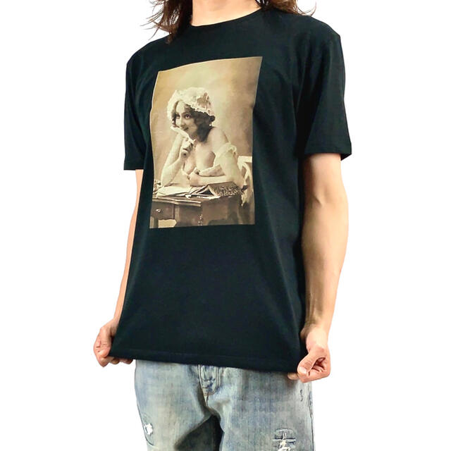 新品 ビンテージ レトロ 懐古 ノスタルジー セピア ガール 勉強 黒 Tシャツ