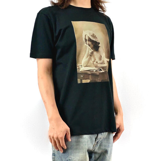 新品 ビンテージ レトロ 懐古 ノスタルジー セピア ガール 勉強 黒 Tシャツ