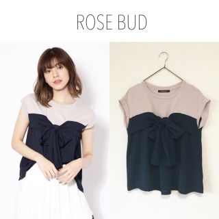 ローズバッド(ROSE BUD)の美品　ROSE BUD 配色切替ギャザーリボンカットソーブラウス(シャツ/ブラウス(半袖/袖なし))