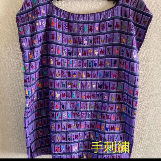 メキシコ刺繍 ブラウス 半袖 Tシャツ 鳥 手刺繍 刺し子 紫エスニック インコ